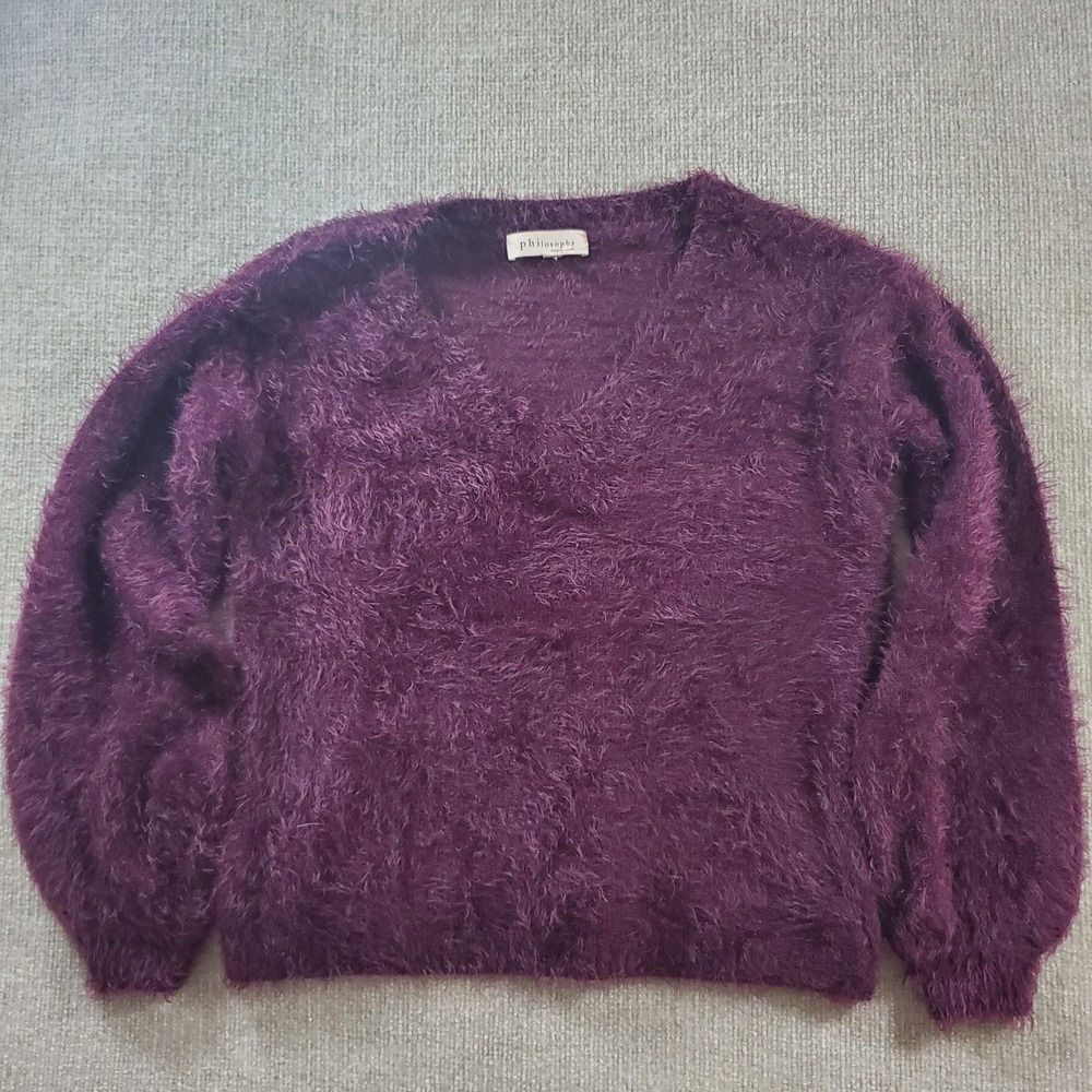 Philosophy Womens Small Sweater Maroon Fuzzy V Neck Shiny Pullover